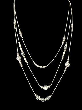 Triple-Strand Silver-tone Beaded Necklace Rhinestone Beads Layering Jewelry